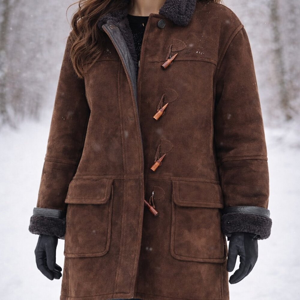 Vintage Jones New York Country Brown Suede Sheepskin Toggle Button  Chore Coat S